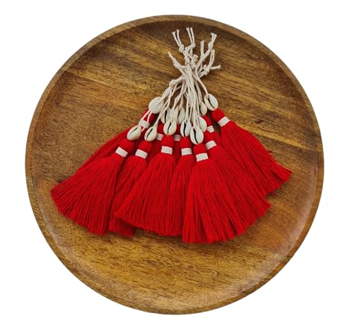 Image of Zippy Flora Handmade Cotton Tassels with Cowrie Shells for DIY & Crafts Project, Pack of 10 (Red)