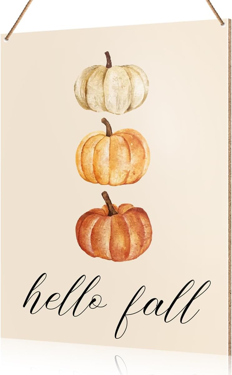 UDNADKEX Hello Fall Decorations Hanging Sign, Autumn Fall Decor Rustic Watercolour Pumpkin Wooden Wall Sign Thanksgiving Decorations