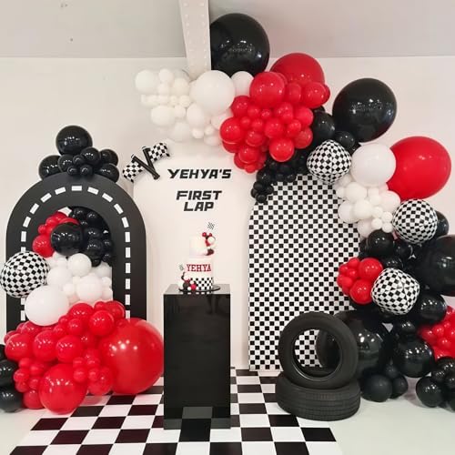 Image of Racing Car Balloons Arch Garland Kit, Red and Black White Checkered Foil Balloons Garland Kit, Wheels Balloon for Boys Birthday Baby Shower Race Car Theme Party Decorations Supplies