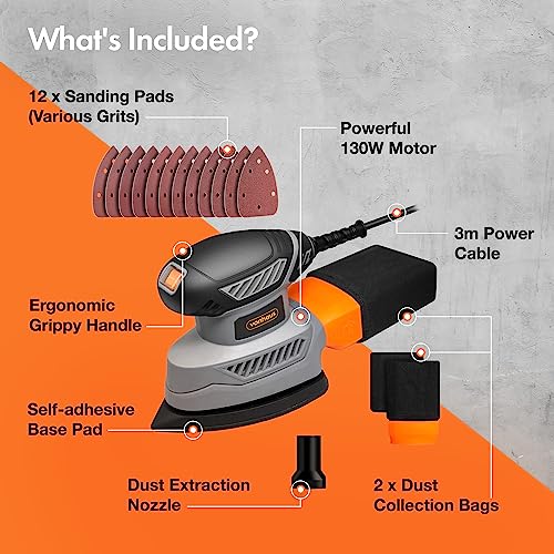 VonHaus Detail Sander - 130W Electric Sander for Wood with Dust Collector, 12PCS Sandpaper - 13000RPM, Compact & Ideal for Tight Space Sanding, Home Improvement - Ergonomic Design Handle - Image 4