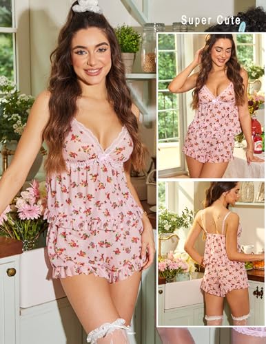 Image of Avidlove Sexy Pajama Lingerie Set for Women Sheer Mesh Cami Shorts | Ruffle V-neck sleepwear, lace trim, elastic waist, adjustable straps, lightweight feel, summer vacation boudoir outfit