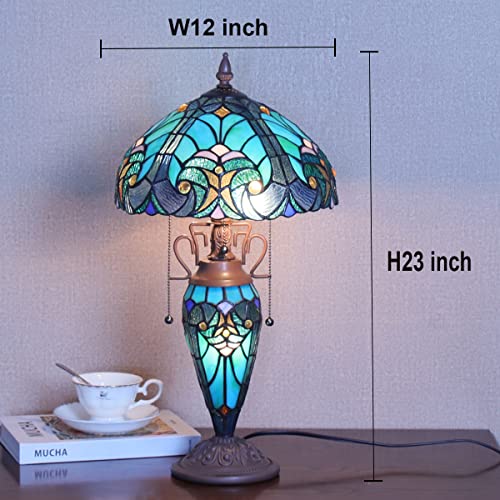 Cotoss Tiffany Table Lamp With Nightlight Sea Green 3 Lights Stained Glass Desk Lamp For Reading Antique Nightstand Table Light For Living Room Bedroom Entryway #TOP4