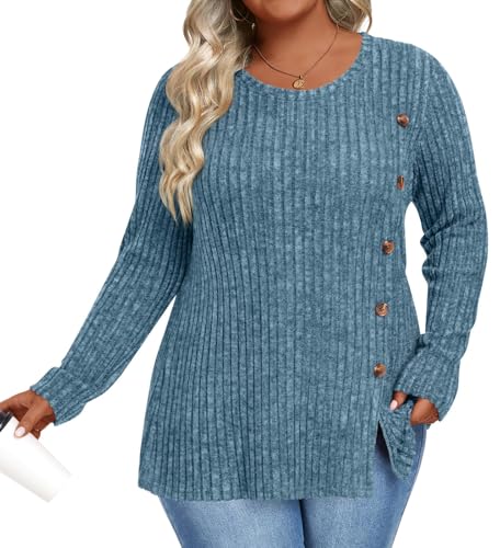 Image of HOTGIFT Womens Plus Size Sweater Tops Long Sleeve Crewneck Casual Tunic Shirts Buttons XL-5XL Blouse Soft Comfy Fashion