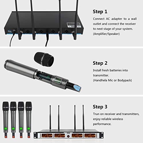 XTUGA SKM4000PLUS 4 x100 Channel UHF Wireless Handheld Microphone System with Selectable Frequencies Prevent Interference, Use for Family Party, Church, Small Karaoke Night (Range:200-320Ft) - Thumbnail 7