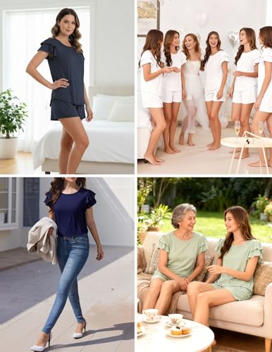 Image of Ekouaer Womens Pajama Sets 2 Piece Ruffle Sleeves Top and Shorts Pjs | Soft Sleepwear Cute Loungewear Set with Pockets for Sleep, Lounge, Wedding, Party, Bridal