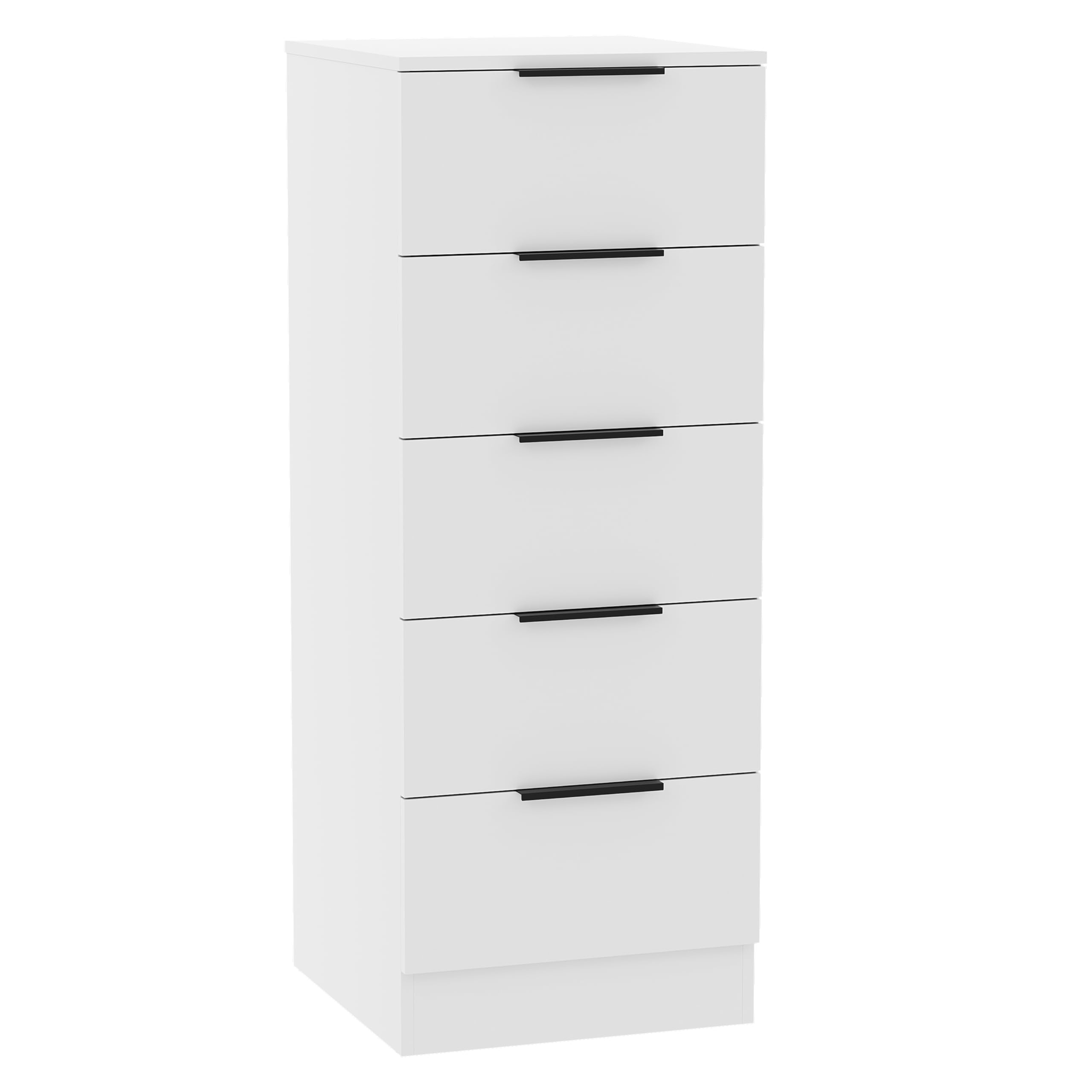 Vida Designs Trega - Cassettiera stretta con 5 cassetti, colore bianco, sottile, salvaspazio, per camera da letto, 90 x 34,5 x 36 cm (altezza x larghezza x profondità), supporto anti-piegamento