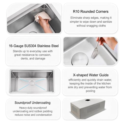Image of LQS 30 Inch Undermount Kitchen Sink with Round Corner, 30 inch x 18 inch Undermount Kitchen Sink 16 Gauge Stainless Steel, R10 Round Corner with Handmade Workstation Ledge and Built-In Abundant Accessories