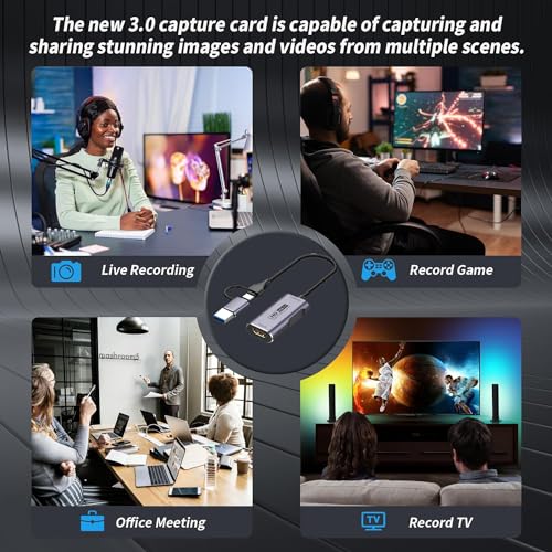 Placa de captura de vídeo, HDMI 4K para USB 3.0, HDMI para USB-A/C 1080P 60FPS, placa de captura de