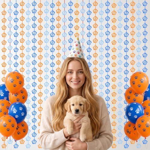 Image of TONIFUL 2Pcs Blue Orange Paw Cutouts Metallic Tinsel Foil Fringe Curtains