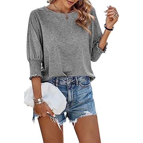 Fazortev Women's 3/4 Sleeve Casual Tops Solid Color Crew Neck Loose Fit Shirts Blouses Grey Cover
