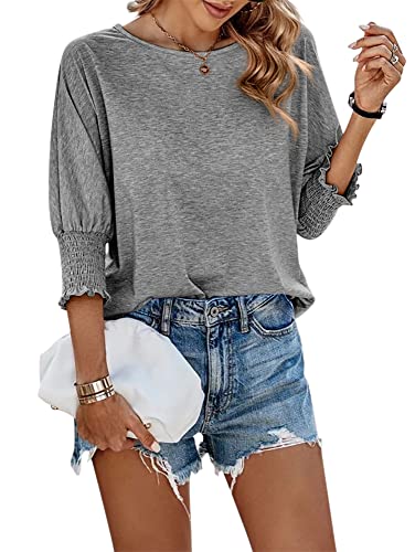 Fazortev Women's 3/4 Sleeve Casual Tops Solid Color Crew Neck Loose Fit Shirts Blouses