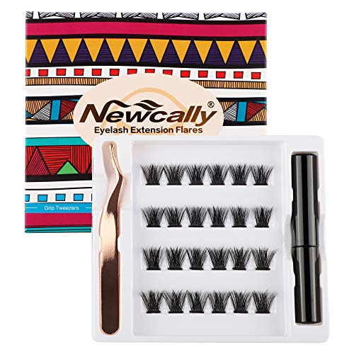 Newcally Lash Extension DIY Individual Eyelash Flares, Natural Cluster Faux Mink Lashes, Home Use Kit with Glue and Easy Grip Tweezers