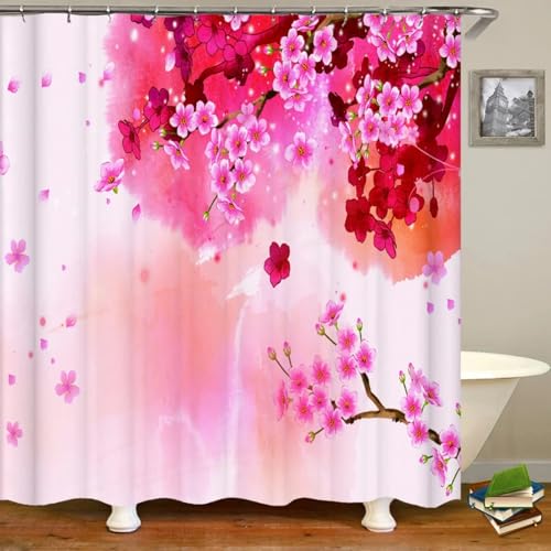Rideau de douche imperméable en polyester à motif fleur de cerisier 3D 176x178cm - 3