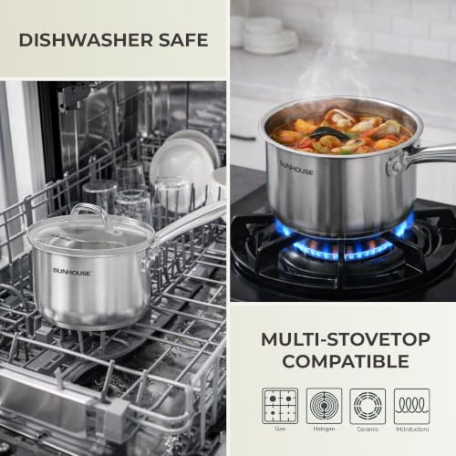 Image of Sunhouse: Stainless Steel Saucepan - Advanced: 2 Quart - Tempered Glass Lid, 18 /10, 3-Ply Bottom, Round-Edge Pot, All Cooktops, Oven-Dishwasher Safe