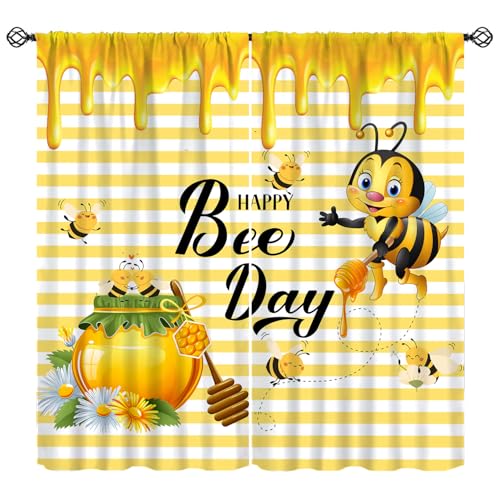 Cute Bee Curtains, Rustic Yellow Honey Bee Honeycomb Farmhouse Country Blackout Window Treatments, Rod Pocket Thermal Insulated Drapes 2 Panel Sets for Bedroom Living Room Kitchen, 42