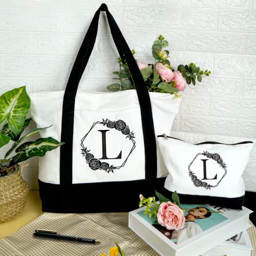 Aunool Personalized Tote Bag For Women Initial Embroidery Makeup Bag, Canvas Beach Tote With 2 Pockets, Bridal Party Gifts Reusable Grocery Bags For Wedding Holiday Shopping Picnic Travel Letter E #TOP5