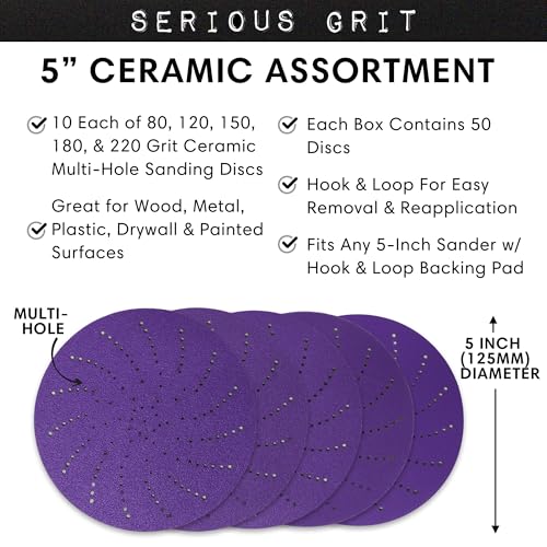 Image of Serious Grit - 5-Inch P80-P220 Ceramic Multi-Hole Sanding Discs - 50 Pack