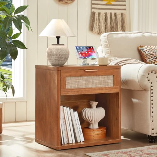 Image of LEYAOYAO Rattan Nightstand with Charging Station, Tea Brown Night Stand with Drawer, 23 inch Wide Boho Bedside Table with Storage Shelf, Bed Side End Tables for Bedroom, Living Room, Hallway
