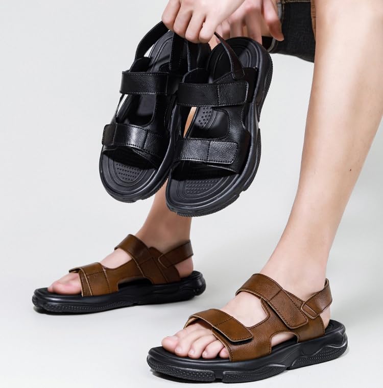 CROSSBABY Men's Genuine Leather Hollow-Out Business Sandals,Adjustable Closed Toe Flat Fisherman Shoes,Summer Outdoor Casual Anti-Slip Beach Sandals3