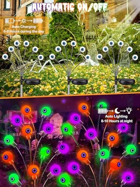 6 Pack Halloween Decorations Outdoor Solar Eyeball Lights, 36LEDs Purple Orange and Green Scary Eyeball Swaying Firefly Lights, Waterproof Halloween Pathway Lights for Yard Garden Party Decor