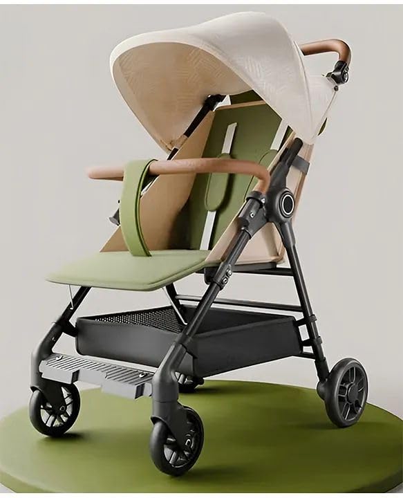 The Pampam Lightweight Compact Baby Stroller, High-Carbon Steel Frame, Foldable Design, Beige and Green, 0-3 Years-image-16