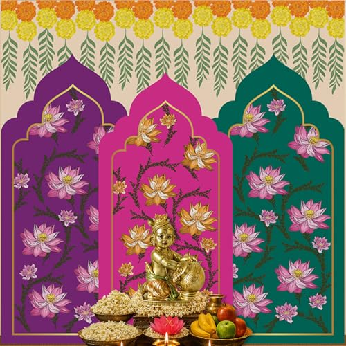 Image of Party Propz Multicolor Lotus Print Backdrop Decoration Cloth - 1Pc 5ft*5ft Ganpati Decoration Setup for Home, Varamahalakshmi Decorative Items, Pooja Backdrop Cloth, Krishna Janmashtami, Haldi Decor