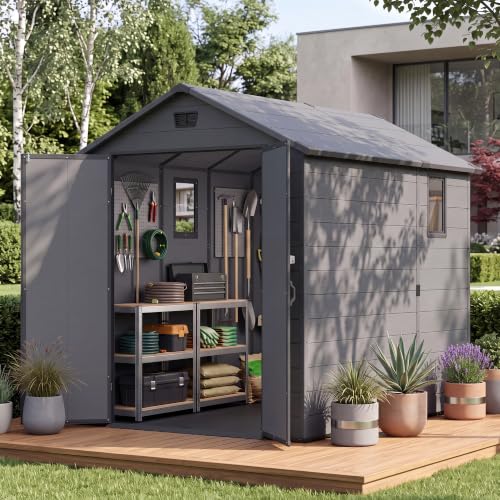 Image of Greesum 6x10FT Plastic Storage Shed with Floor, Resin Outdoor Storaged Sheds with Lockable Double Door, Window and Vents, All-Weather Tool Sheds for Patio, Garden, Backyard, Dark Gray