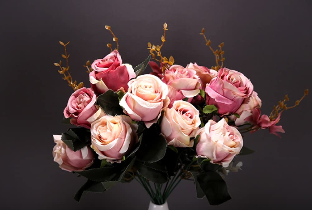 Fiori Artificiali Finti, Rose di Seta con Stelo, Bouquet per Matrimoni, Feste e Decorazioni per la casa. Composizione con 6 Rose e 3 boccioli.