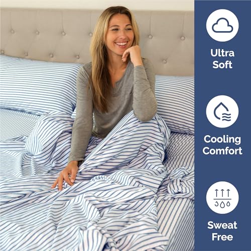 Image of Split King 7 Piece Bed Sheet Set - Breathable & Cooling - Blue Stripes | Ultra-Soft Hotel Luxury Bedding Set w / 8-16 Inch Deep Pockets, 1 Flat & 2 Fitted Sheet & 4 Pillowcases, Wrinkle & Fade Free