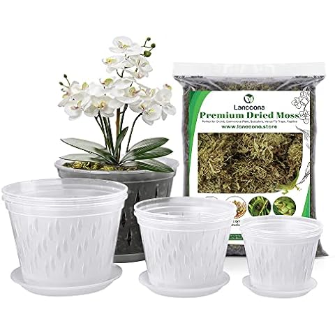 lanccona 2 Each of 4, 5, 6 and 7 inch -8 Pack Orchid Pots Set, and 3 QT Sphagnum Moss for Planting All Types of Orchids Cover