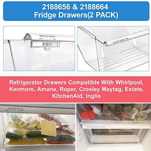 [2 Pack] Upgraded 2188656 Fridge Crisper Drawer UPPER Humidity Control Drawer & 2188664 Crisper Bin LOWER Refrigerator Drawer Replacement For Kenmore Whirlpool Fridge Drawer Parts WRS325FDAM04 Drawer