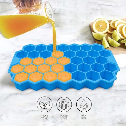 Image of Silicone Honeycomb Ice Cube Tray | 37 Cavity Flexible Freezer Mould Small Ice Cubes Tray | Soft Silicone Ice Maker for Whiskey Fridge Bar | Reusable & Lightweight - Blue & Greenn