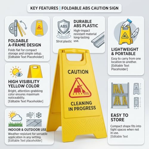 Image of Cleaning in Progress Caution Sign Board - Foldable ABS Plastic Safety Warning Stand for Floor Cleaning Areas, Indoor & Outdoor Use