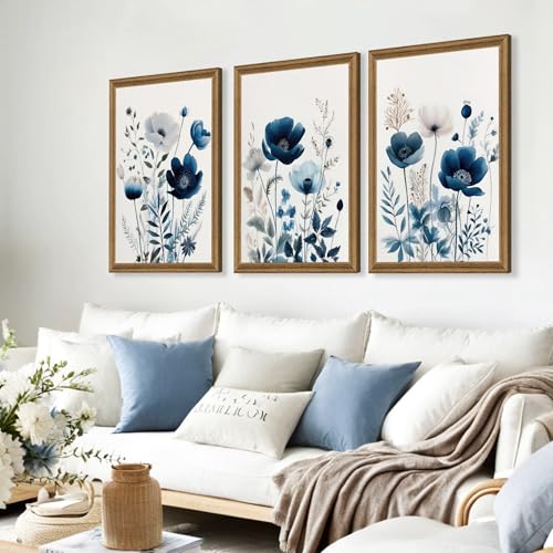 Image of DUWQU Triptych Navy Blue Watercolor Botanical Floral Wall Art 20x30 in x3
