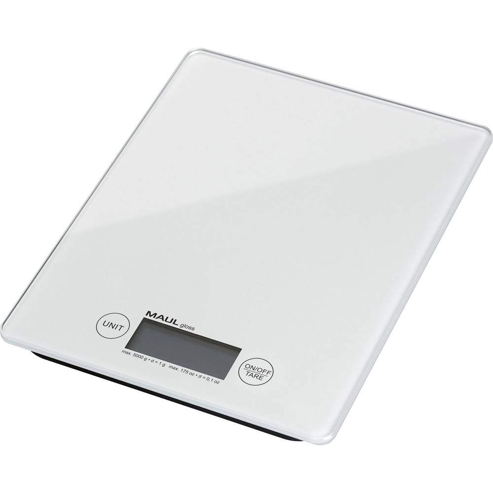 MAUL Digitale Briefwaage weiß MAULgloss 5 kg präzise ultraflach kabellos | edle Sicherheitsglasfläche, platzsparend flaches Design, Ein-Tasten-Bedienung, Tare für bequemes Zuwiegen, Batterie dabei
