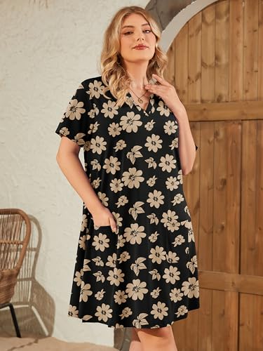Image of AusLook Plus Size Midi Dress for Women V Neck Short Sleeve Summer Casual Loose Fit Vacation Sundress with Pockets 1X-5X