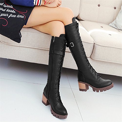 MFairy Women's Lace-Up Strappy Knee High Combat Stacked Heel Boot4