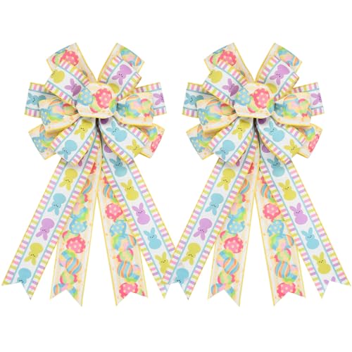 CRAFLOX Easter Bow Decorations, 2 Pcs Easter Egg Bunny Ribbon Bows for Wreaths, Spring Tree Topper Bows Decor, Spring Tree Bows Decorations for Home