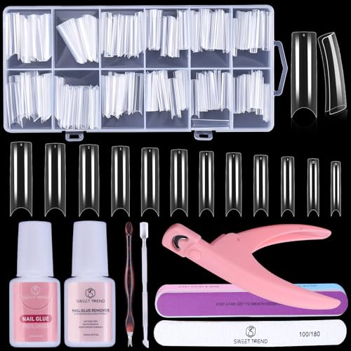 Tapered Square Fake Nail Tips: Sweet Trend No C Curve Nail Tips for Acrylic Nails 480Pcs 12 Sizes Extra Long Straight Flat Half Cover Nail Extension Kit with Glue Remover & Glue Acrylic Nail Clippers