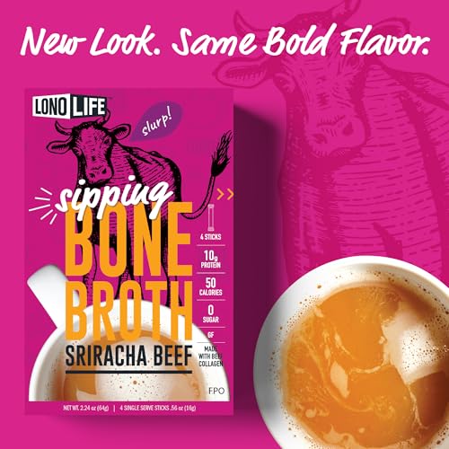 Image of LonoLife Sriracha Beef Bone Broth Powder Mix | Grass-Fed, 10g Protein | Collagen-Rich, Keto & Paleo Friendly | Natural Ingredients | 10 Portable Stick Pack Servings
