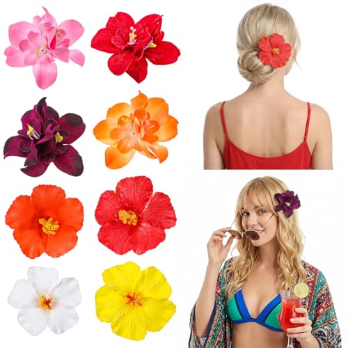 Ouligay 8 PCS Hawaiian Flower Hair Clips for Women Plumeria Hibiscus Hairclip 3.5 Inch Bohemian Artificial Flowers Clips Hair Accessories for Summer Vacation Party Beach Seaside Beach Accessories