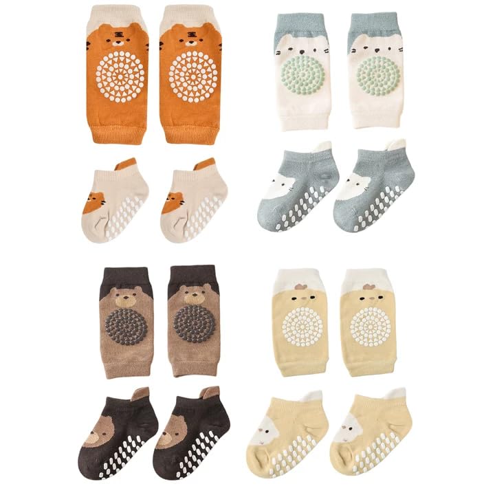 QINGZY 4 Paar Knieschoner Baby Krabbeln, baby Krabbelsocken und Knieschoner Set, Weiche und Bequeme Baumwolle, Antirutsch-Socken und Knieschoner für Kleinkinder von 0-12 Monaten