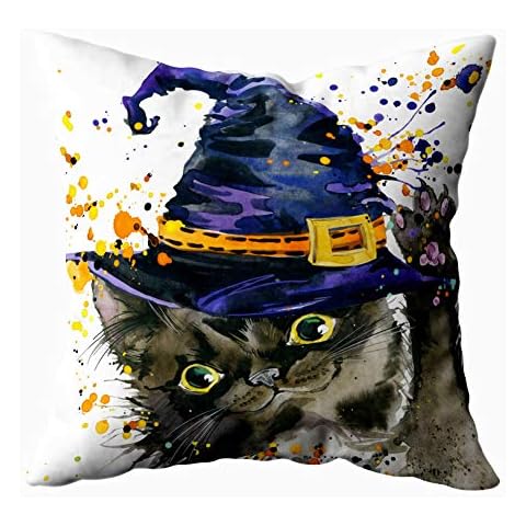 ROOLAYS Halloween Deco Pillow Covers, Square Throw Pillowcase Covers 20X20Inch,Halloween Witch Cat Watercolor Both Sides Farmhouse Decor Cushion,Orange Gray Cover