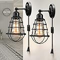 LYOOWNG Plug in Wall Sconces 2pack, Industrial Wall Lamp with Plug in Cord, Farmhouse Wall Sconces, Wire Cage Wall Sconce, Vintage Wall Mounted Lamp, Plug in Wall Lighting Sconce, Black