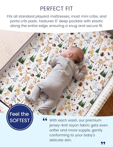 Image of TotAha Premium Soft Graco Pack n Play Sheets Fitted, Super Stretchy Jersey Knit Mini Crib Sheets Fitted, Silky Comfort Pack and Play Mattress Sheets, 2 Pack (Forest Animals)