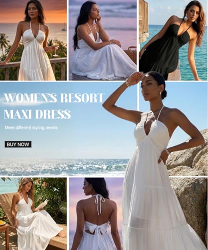 Image of Narecte Women's Maxi Summer Dresses Halter V Neck Beach Dresses for Women A-Line Casual Dress for Vacation