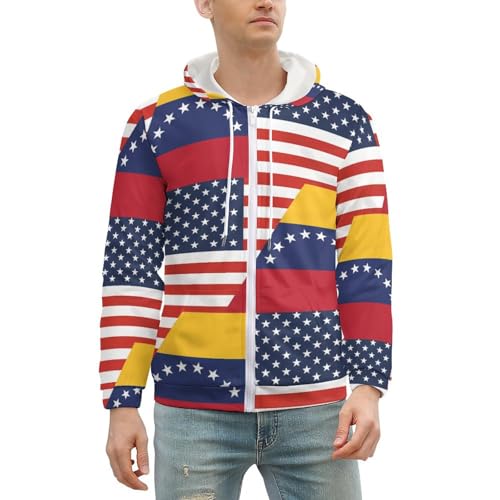 U.S. Venezuela Flag Men's Hoodie Zippered Up Casual Sweatshirts Lightweight Jacket Fall Winter Coat