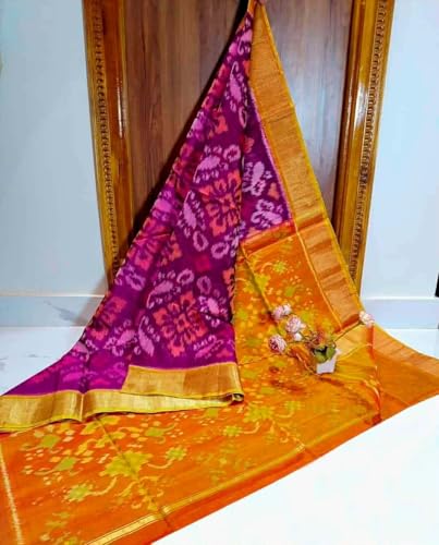 Image of AYYAPPASILK Women's Exclusive Ikkat Silk Saree for Designer Border with Contrast Blouse