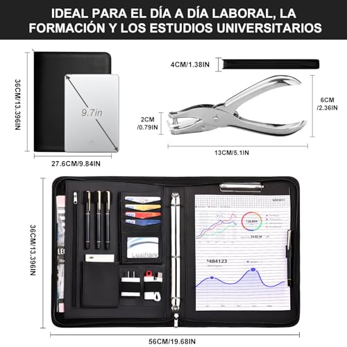 Image of Leathario Portfolio Binder, Includes 5 Folder Index Dividers,1 Hole Punch,13 Inch Tablets Organizer with Handle, Vegan Leather A4 Padfolio, Multi-Pocket Notepad Business Planner Professional Document