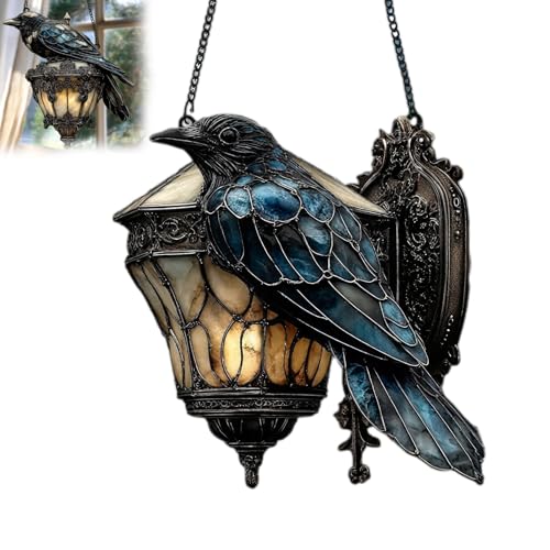 Cuervo en farol atrapador de sol Halloween cuervo farol captador de sol 2025 decoración vintage vitral 2D acrílico adorno para la ventana de la academia oscura del hogar y colgante de pared fácil de